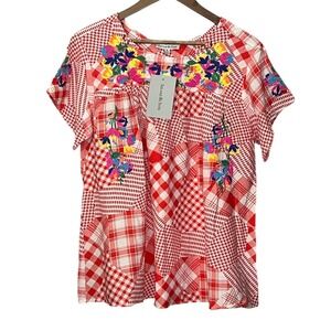 See And Be Seen Women Top New S/S Hippie Patchwork Embroidered Floral Red Medium